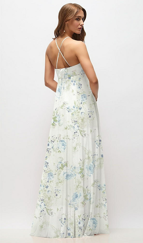 Back View - Bleu Garden Empire Waist Floral Chiffon Halter Maxi Dress with Convertible Spaghetti Straps