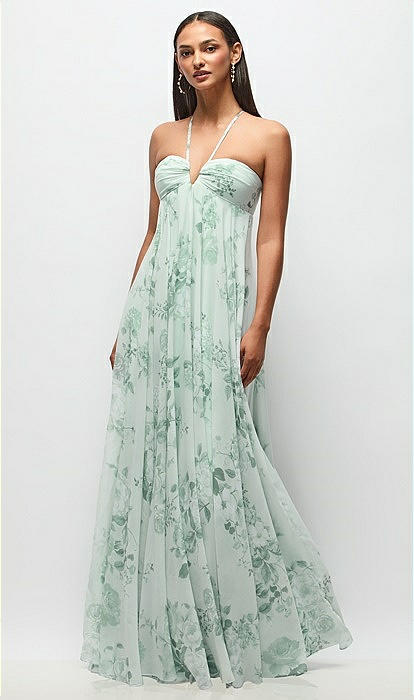 Empire Waist Floral Chiffon Halter Maxi Bridesmaid Dress With