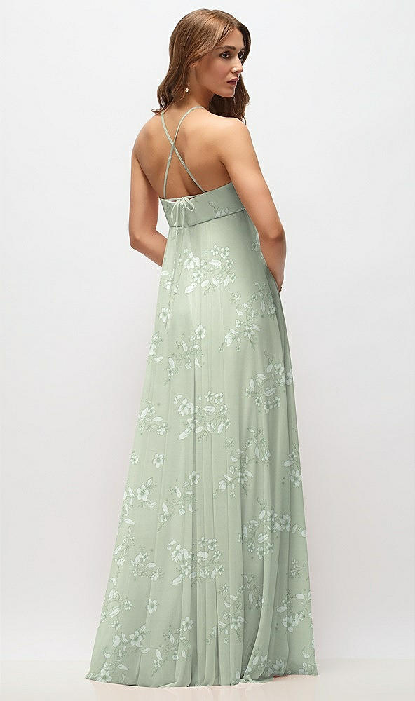 Back View - Vintage Primrose Sage Empire Waist Floral Chiffon Halter Maxi Dress with Convertible Spaghetti Straps