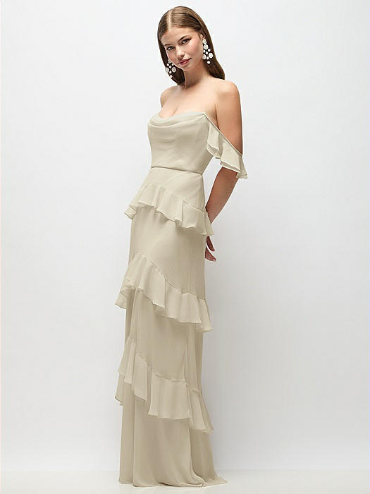Off-the-Shoulder Cowl Chiffon Tiered Ruffle Maxi Dress with Convertible Ruffle Straps