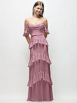 Rear View Thumbnail - Dusty Pink Off-the-Shoulder Cowl Chiffon Tiered Ruffle Maxi Dress with Convertible Ruffle Straps