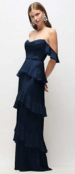 Off-the-Shoulder Cowl Chiffon Tiered Ruffle Maxi Dress with Convertible Ruffle Straps