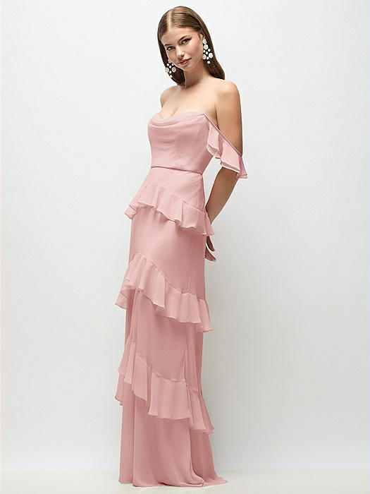 Off-the-Shoulder Cowl Chiffon Tiered Ruffle Maxi Dress with Convertible Ruffle Straps
