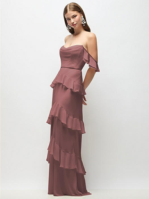 Off-the-Shoulder Cowl Chiffon Tiered Ruffle Maxi Dress with Convertible Ruffle Straps