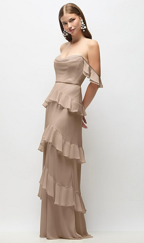 Front View - Topaz Off-the-Shoulder Cowl Chiffon Tiered Ruffle Maxi Dress with Convertible Ruffle Straps