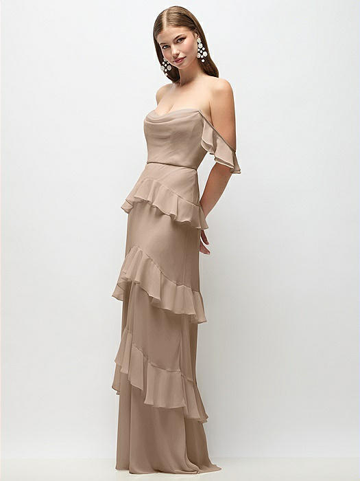 Off-the-Shoulder Cowl Chiffon Tiered Ruffle Maxi Dress with Convertible Ruffle Straps