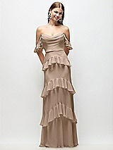 Rear View Thumbnail - Topaz Off-the-Shoulder Cowl Chiffon Tiered Ruffle Maxi Dress with Convertible Ruffle Straps