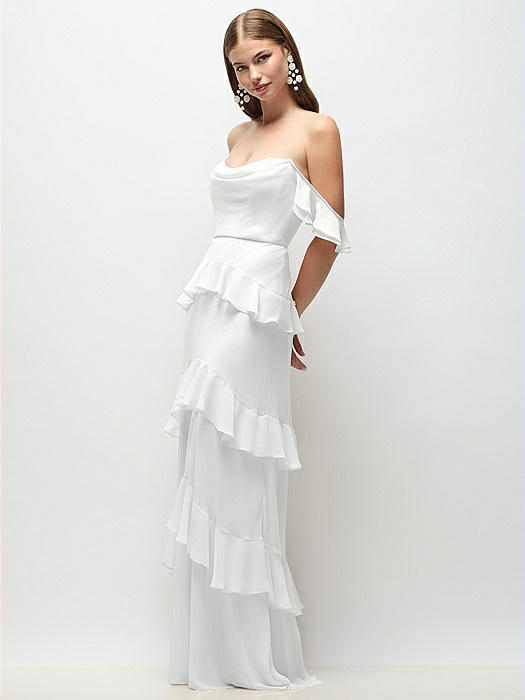Off-the-Shoulder Cowl Chiffon Tiered Ruffle Maxi Dress with Convertible Ruffle Straps