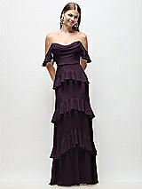 Rear View Thumbnail - Aubergine Off-the-Shoulder Cowl Chiffon Tiered Ruffle Maxi Dress with Convertible Ruffle Straps