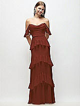 Rear View Thumbnail - Auburn Moon Off-the-Shoulder Cowl Chiffon Tiered Ruffle Maxi Dress with Convertible Ruffle Straps