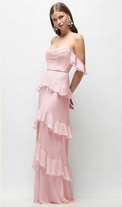 Off-the-shoulder Cowl Chiffon Tiered Ruffle Maxi Bridesmaid Dress With  Convertible Ruffle Straps In Ballet Pink | The Dessy Group