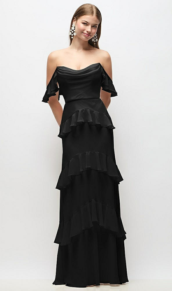 Back View - Black Off-the-Shoulder Cowl Chiffon Tiered Ruffle Maxi Dress with Convertible Ruffle Straps