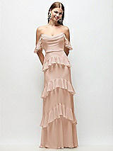 Rear View Thumbnail - Cameo Off-the-Shoulder Cowl Chiffon Tiered Ruffle Maxi Dress with Convertible Ruffle Straps