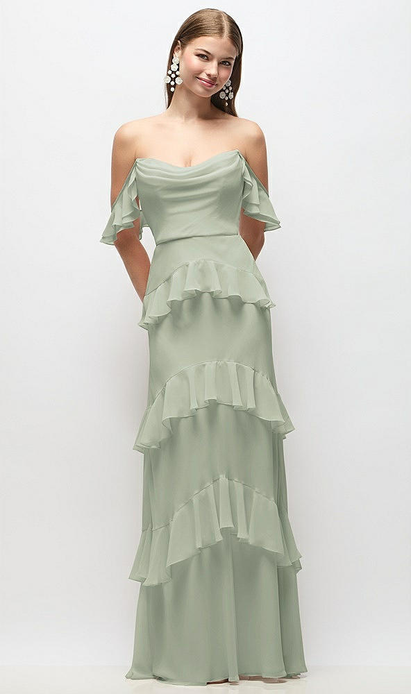Back View - Celadon Off-the-Shoulder Cowl Chiffon Tiered Ruffle Maxi Dress with Convertible Ruffle Straps