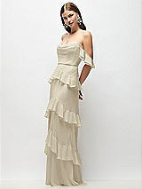 Front View Thumbnail - Champagne Off-the-Shoulder Cowl Chiffon Tiered Ruffle Maxi Dress with Convertible Ruffle Straps