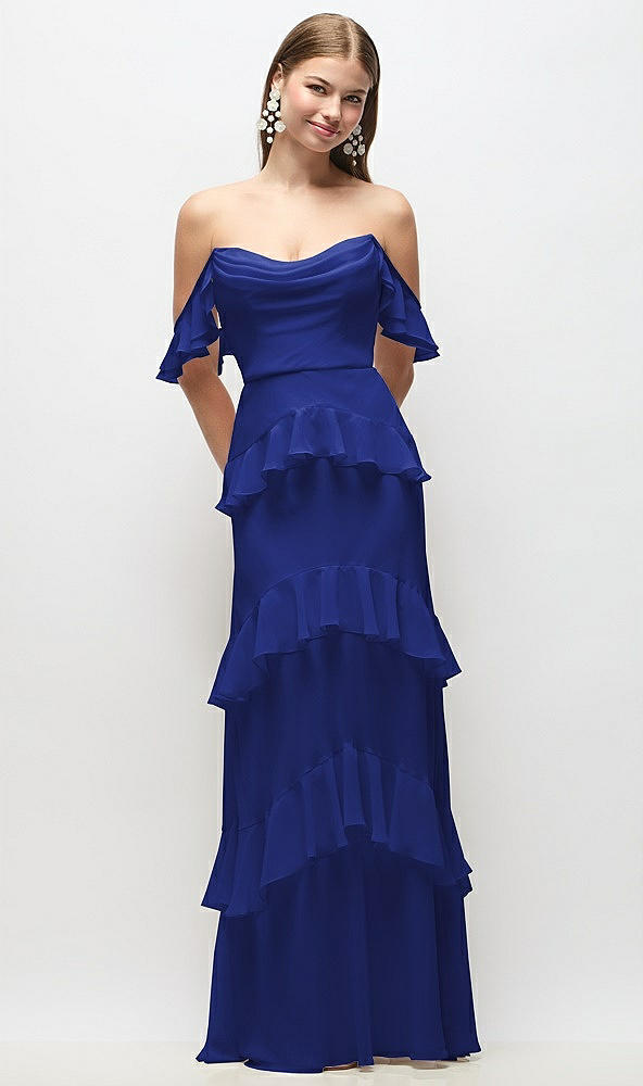 Back View - Cobalt Blue Off-the-Shoulder Cowl Chiffon Tiered Ruffle Maxi Dress with Convertible Ruffle Straps