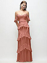 Rear View Thumbnail - Desert Rose Off-the-Shoulder Cowl Chiffon Tiered Ruffle Maxi Dress with Convertible Ruffle Straps