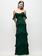 Rear View Thumbnail - Hunter Green Off-the-Shoulder Cowl Chiffon Tiered Ruffle Maxi Dress with Convertible Ruffle Straps