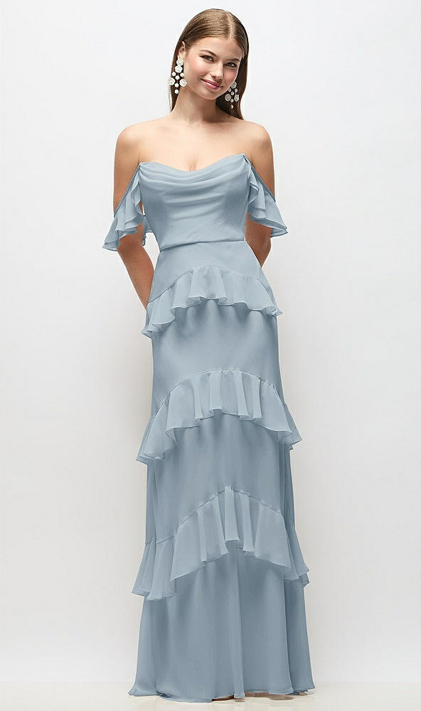 Back View - Mist Off-the-Shoulder Cowl Chiffon Tiered Ruffle Maxi Dress with Convertible Ruffle Straps