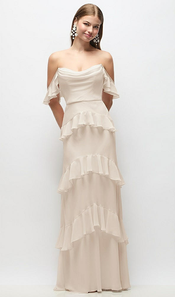 Back View - Oat Off-the-Shoulder Cowl Chiffon Tiered Ruffle Maxi Dress with Convertible Ruffle Straps