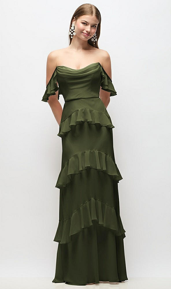 Back View - Olive Green Off-the-Shoulder Cowl Chiffon Tiered Ruffle Maxi Dress with Convertible Ruffle Straps