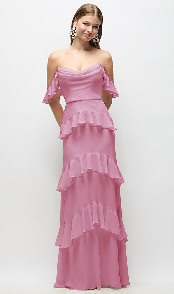 Back View - Powder Pink Off-the-Shoulder Cowl Chiffon Tiered Ruffle Maxi Dress with Convertible Ruffle Straps