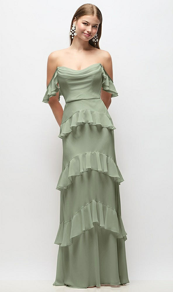 Back View - Sage Off-the-Shoulder Cowl Chiffon Tiered Ruffle Maxi Dress with Convertible Ruffle Straps