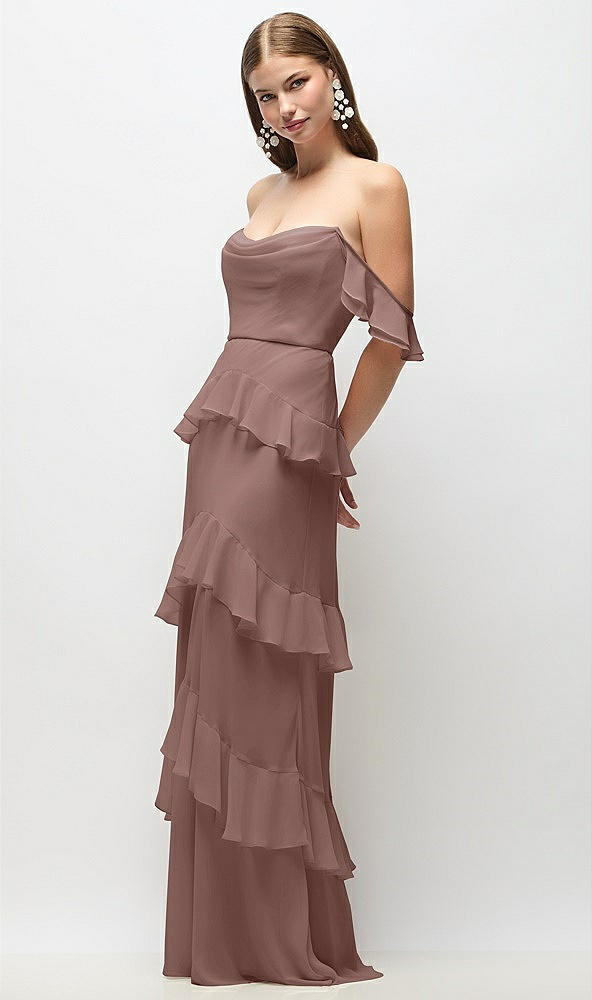Front View - Sienna Off-the-Shoulder Cowl Chiffon Tiered Ruffle Maxi Dress with Convertible Ruffle Straps