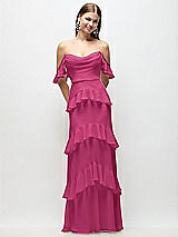 Rear View Thumbnail - Tea Rose Off-the-Shoulder Cowl Chiffon Tiered Ruffle Maxi Dress with Convertible Ruffle Straps