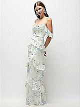 Side View Thumbnail - Bleu Garden Off-the-Shoulder Cowl Floral Chiffon Tiered Ruffle Maxi Dress with Convertible Ruffle Straps