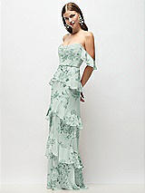 Side View Thumbnail - Mint Green Floral Off-the-Shoulder Cowl Floral Chiffon Tiered Ruffle Maxi Dress with Convertible Ruffle Straps