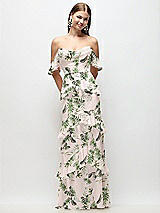 Front View Thumbnail - Palm Beach Print Off-the-Shoulder Cowl Floral Chiffon Tiered Ruffle Maxi Dress with Convertible Ruffle Straps