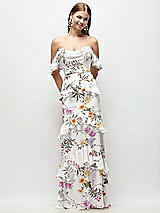 Front View Thumbnail - Butterfly Botanica Ivory Off-the-Shoulder Cowl Floral Chiffon Tiered Ruffle Maxi Dress with Convertible Ruffle Straps