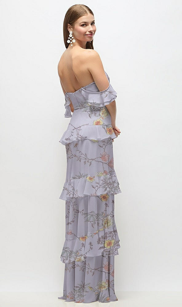 Back View - Butterfly Botanica Silver Dove Off-the-Shoulder Cowl Floral Chiffon Tiered Ruffle Maxi Dress with Convertible Ruffle Straps