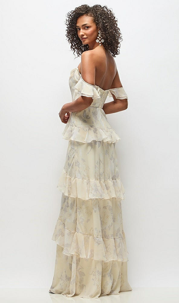 Back View - Butter Yellow Floral Off-the-Shoulder Cowl Floral Chiffon Tiered Ruffle Maxi Dress with Convertible Ruffle Straps