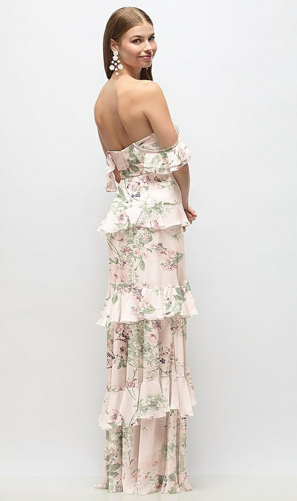 Back View - Blush Garden Off-the-Shoulder Cowl Floral Chiffon Tiered Ruffle Maxi Dress with Convertible Ruffle Straps