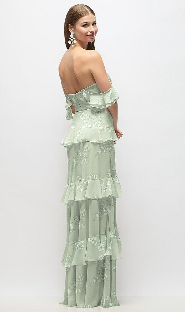 Back View - Vintage Primrose Sage Off-the-Shoulder Cowl Floral Chiffon Tiered Ruffle Maxi Dress with Convertible Ruffle Straps