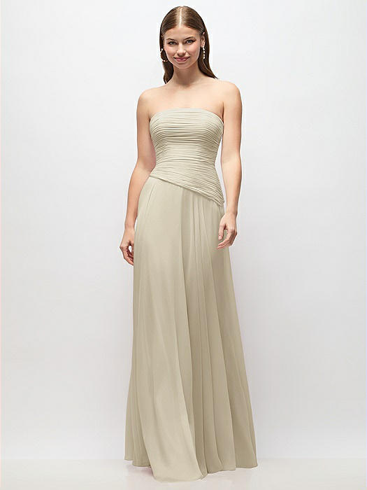 Strapless Chiffon Maxi Dress with Asymmetrical Ruched Drop Waist