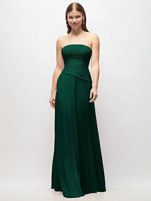Strapless Chiffon Maxi Dress with Asymmetrical Ruched Drop Waist