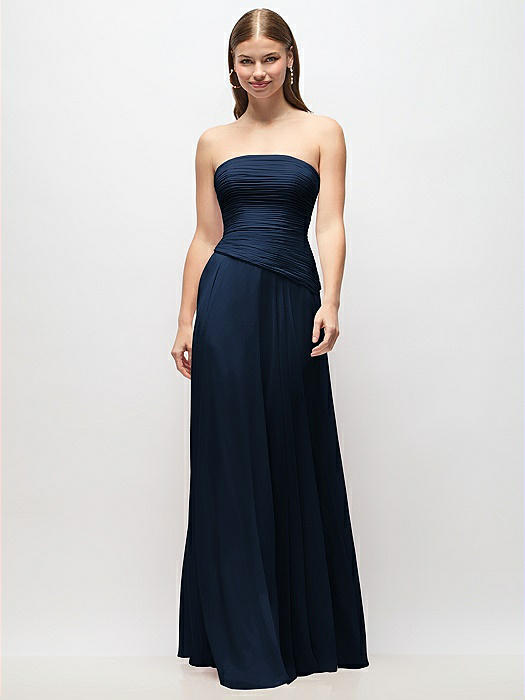 Strapless Chiffon Maxi Dress with Asymmetrical Ruched Drop Waist
