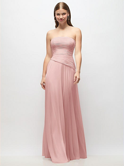 Strapless Chiffon Maxi Dress with Asymmetrical Ruched Drop Waist