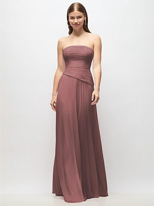 Strapless Chiffon Maxi Dress with Asymmetrical Ruched Drop Waist