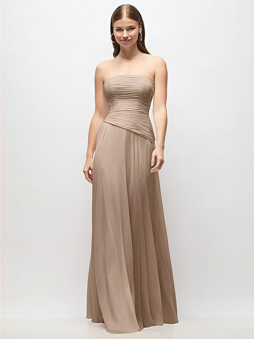 Strapless Chiffon Maxi Dress with Asymmetrical Ruched Drop Waist