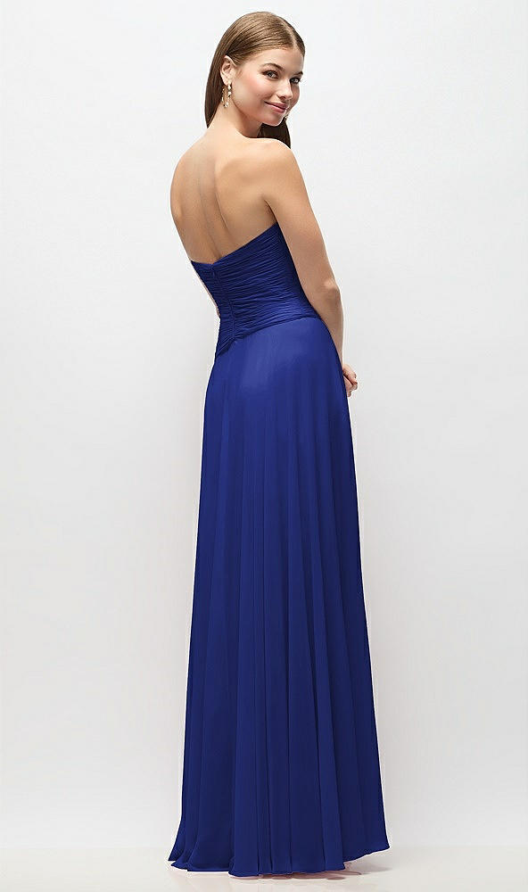Back View - Cobalt Blue Strapless Chiffon Maxi Dress with Asymmetrical Ruched Drop Waist