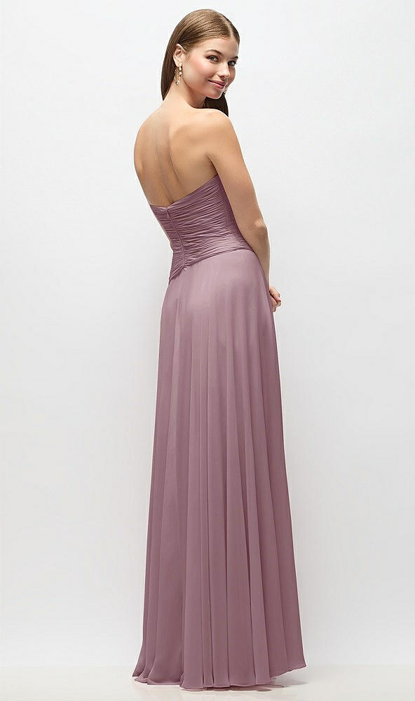 Back View - Dusty Rose Strapless Chiffon Maxi Dress with Asymmetrical Ruched Drop Waist