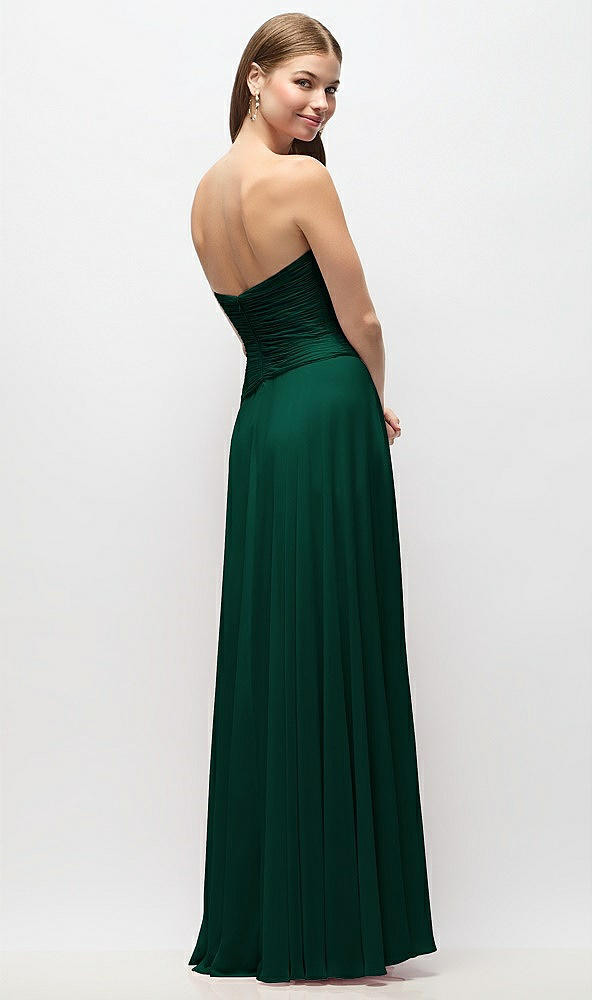 Back View - Hunter Green Strapless Chiffon Maxi Dress with Asymmetrical Ruched Drop Waist