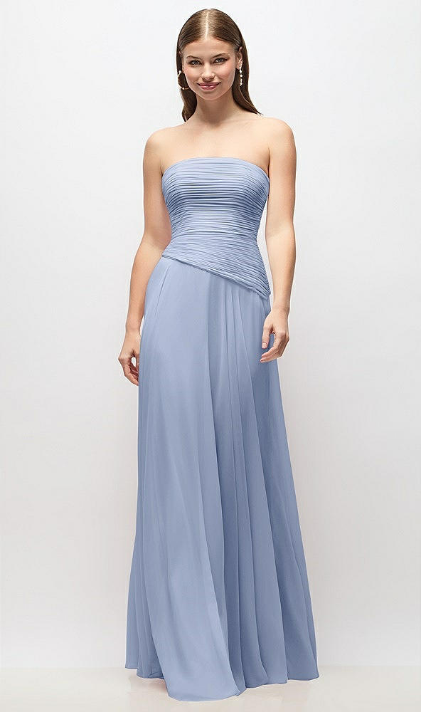 Front View - Sky Blue Strapless Chiffon Maxi Dress with Asymmetrical Ruched Drop Waist