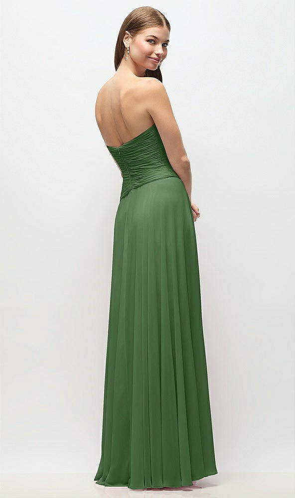 Back View - Vineyard Green Strapless Chiffon Maxi Dress with Asymmetrical Ruched Drop Waist
