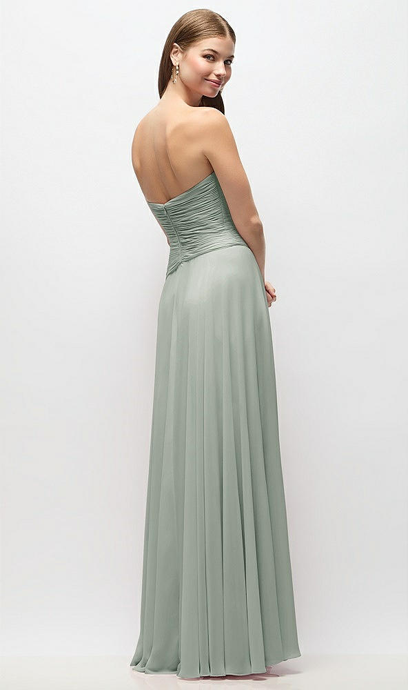 Back View - Willow Green Strapless Chiffon Maxi Dress with Asymmetrical Ruched Drop Waist
