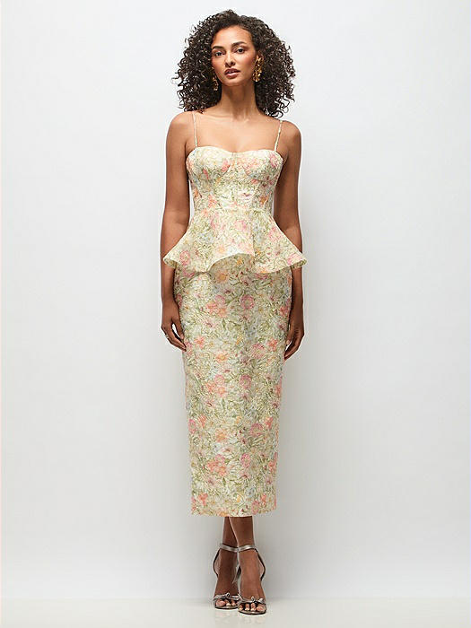 Floral Re-Embroidered Voile Bustier Midi Dress with Peplum over Column Skirt